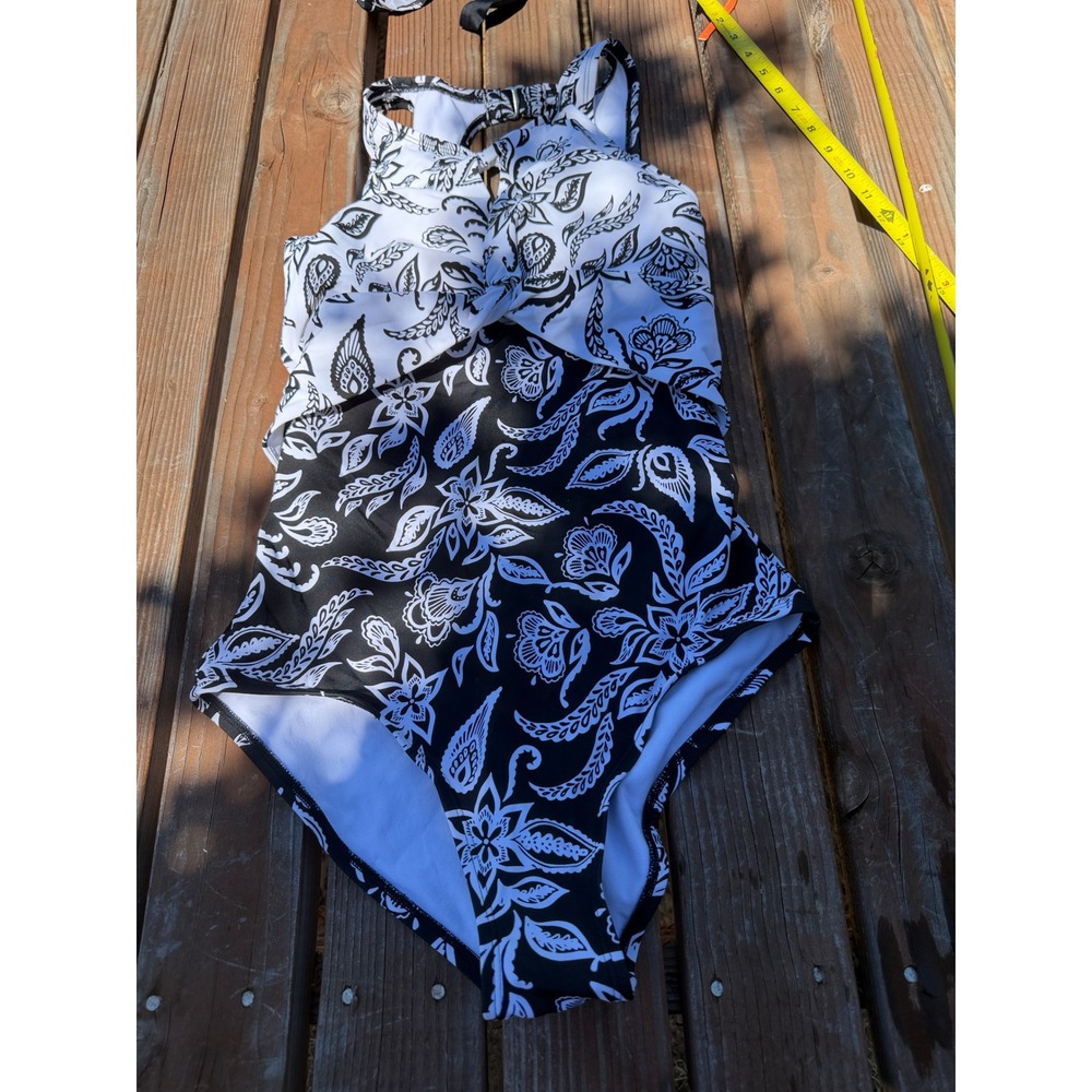 Jantzen Womens Black White Floral Paisley One Piece Swimsuit Size 8 JZSS8361